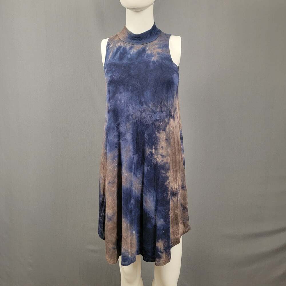 Ginger G Tie Dye Swing Dress Blue Taupe Mock Neck Sleeveless Boho Trapeze